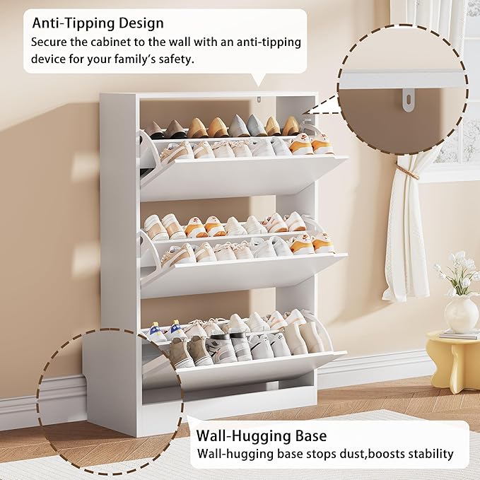 Shoe Storage Cabinet, Wood Shoe Organizer for Entryway with 3 Flip Drawers, Freestanding Shoe Rack with Adjustable Shelf, Narrow Shoe Dresser for Front Door Entrance (White, 3 Drawers)