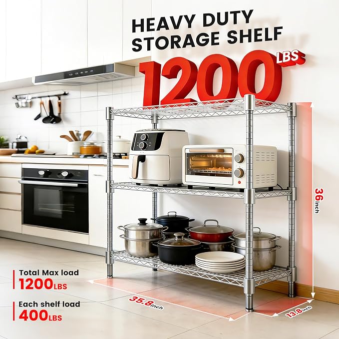 Xcity Storage Shelves, 3 Tier Heavy Duty Metal Shelving Unit, 1200 LBS Adjustable Steel Wire Shelf for Commercial, Pantry, Kitchen, Garage, 14" D x 36" W x 36" H, Chrome