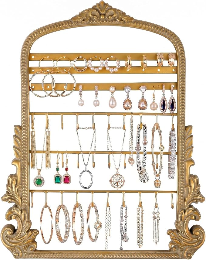 Wonderjune 20 x 15in Large Hanging Jewelry Organizer, Vintage Gold Arched Frame Earring Holder for Necklaces Rings Bracelets, Wall Mount Decorative Jewelry Rack for Vendors