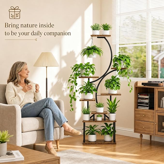 Plant Stand with Grow Lights for Indoor Plants, 8-Tiered Tall Corner Plant Shelf with Full Spectrum Light, S-Shaped Space-Saving Narrow Flower Holder, Anti-Tip for Living Room Bedroom Office, Brown