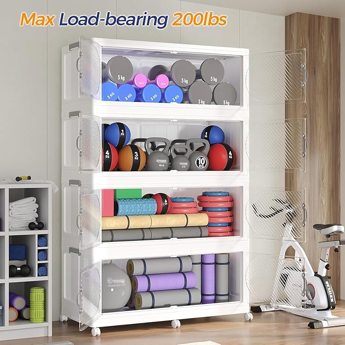 180Gal/720QT 3-Tiers Extra Large Stackable Storage Bins with Lid, Collapsible Cabinet Closet Organizer Plastic Container Box with Wheels Doors Drawers for Office Dorm Kitchen Office, White