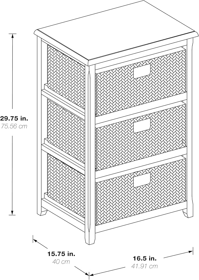 OSP Home Furnishings Seabrook Storage Tower with Solid Wood Frame and Natural Baskets, 3-Drawer, Espresso Finish