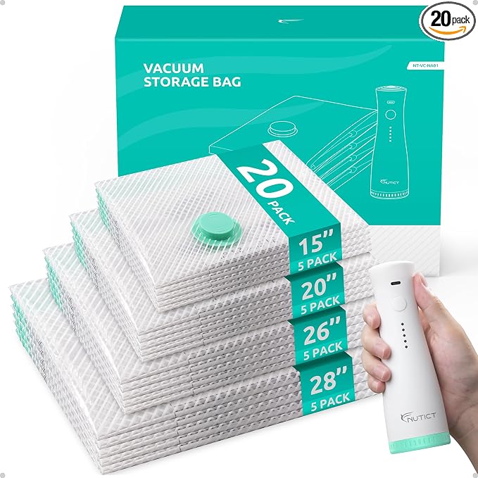 Vacuum Seal Bags for Clothing Travel with Cordless Electric Pump, 20 Pack | 4 Combo Size, Compression Packing Bags for Clothes, Blankets, Bedding, Home Seasonal Storage, Luggage & Suitcase Space Saver