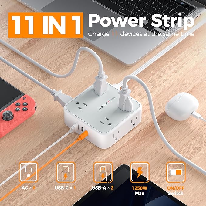 TESSAN Surge Protector Power Strip, 5 Ft Flat Plug Extension Cord with 3 USB (1 USB C 20W PD) 8 Outlets, 900J Protection, 3 Sided Outlet Extender with Power Switch for Office, Dorm Room, Grey