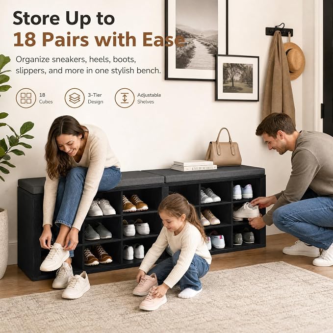 Shoe Storage Bench with Padded Seat, 18-Cubby Shoe Organizer for Entryway, 59.1" Long 700 lb Capacity, for Living Room, Bedroom, Hallway (Blackboard with Dark Gray, Linen, Sponge)
