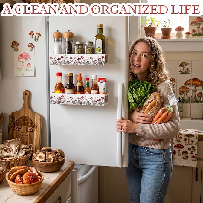 Beeveer 2 Pack Mushroom Magnetic Fridge Shelf Cottagecore Farmhouse Refrigerator Side Magnetic Spice Rack for Fridge Seasoning Storage Organizer Home Decor Kitchen Accessories