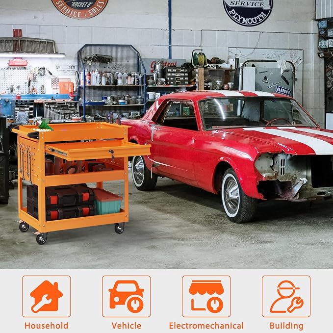3 Tier Heavy Duty Rolling Tool Cart with Drawers, Large Storage Utility Cart on Wheels for Garage, Warehouse, Repair Shop (Orange)