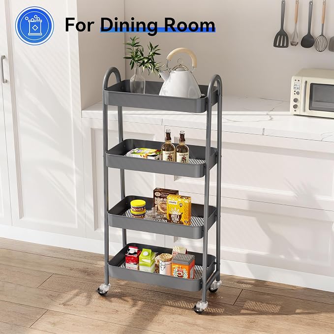 NEWBULIG 4-Tier Metal Rolling Storage Cart, Heavy Duty Mobile Utility Organizer Shelf with Lockable Wheels, Multifunctional Trolley for Daily Supplies, Home Indoor Daily Use, Grey