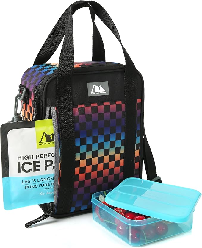 Arctic Zone Urban Lunch Box Combo for Kids with Gel Ice Pack and Sandwich Container, Insulated Bag for Travel Lunch with Adjustable Strap, Checkered