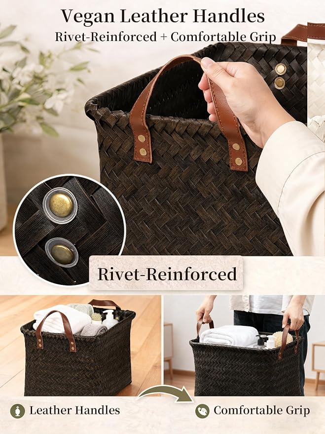 Hand Woven Baskets for Storage, 4Pcs Water-Resistant Wicker Baskets, Dark Gold Wicker Storage Baskets for Shelves, Large Basket with Handle for Organizing, Laundry, Blanket-Rectangular