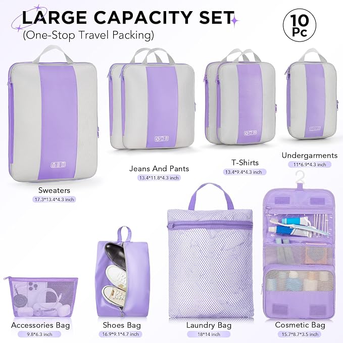 OlarHike 10 Set Compression Packing Cubes for Travel Essentials,Compressible Expandable Space Saver Bags for Organizing Clothes,Luggage Garment Bags with Over 1000 pcs Mesh Holes(Light Purple)
