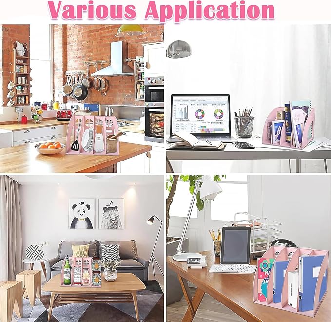 A4 File Holder Magazine File Folder Desk Organizer, 4 Vertical Compartments Bookshelf Document Divider Paper Box Bookends for Office Home Organization and Storage Racks