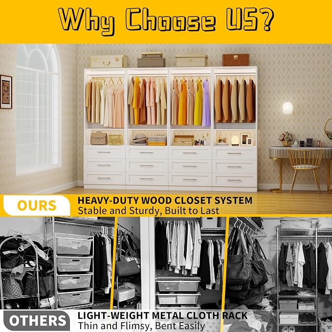Closet System with 6 Drawers, 4FT-10FT Closet Organizer System, Closet Systems for Walk in Closets with 4 Hanging Rods & 2 Shelves, Modular Custom Closet Organizer Storage System, 2 Sets, White