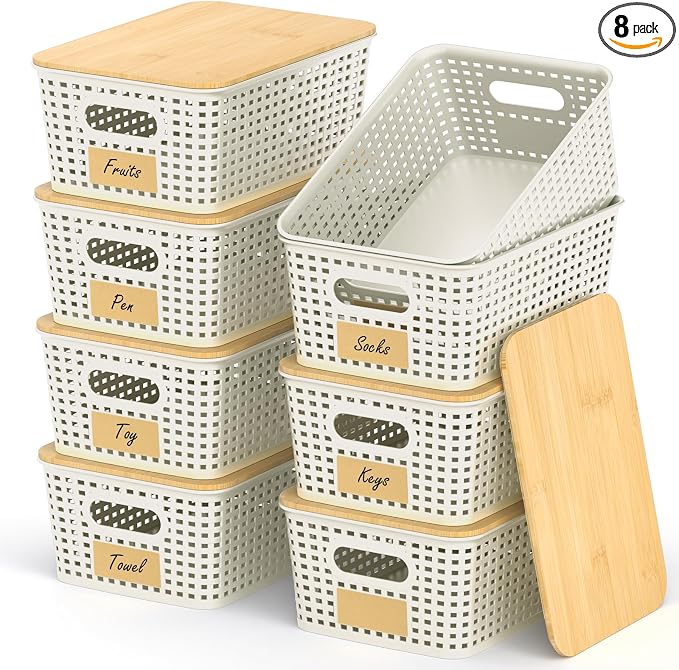 Stackable Storage Basket: Plastic Baskets Bins, Baskets for Organizing, Pantry Decorative Containers for Closets, Cabinets, Shelves(8 Pack, White)