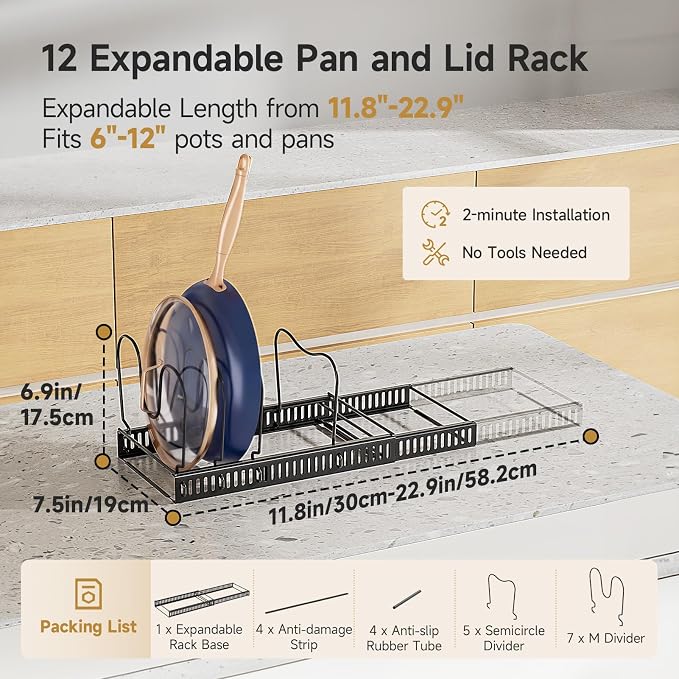 MUDEELA Pot Lids Organizer Rack for Cabinet, Expandable 11.81" to 22.85" Pot and Pan Organizer Holder with 12 Adjustable Dividers, Baking Cookie Sheet Bakeware Cutting Board Kitchen Storage Organizer