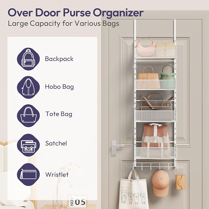 SWTYMIKI Over the Door Purse Organizer - Wall Mounted Purse Rack with 4 Adjustable Metal Basket and 6 Hooks, Hanging Bag Rack for Handbag Organizer, Bag Storage Can Use As 1/2 Part, for Door