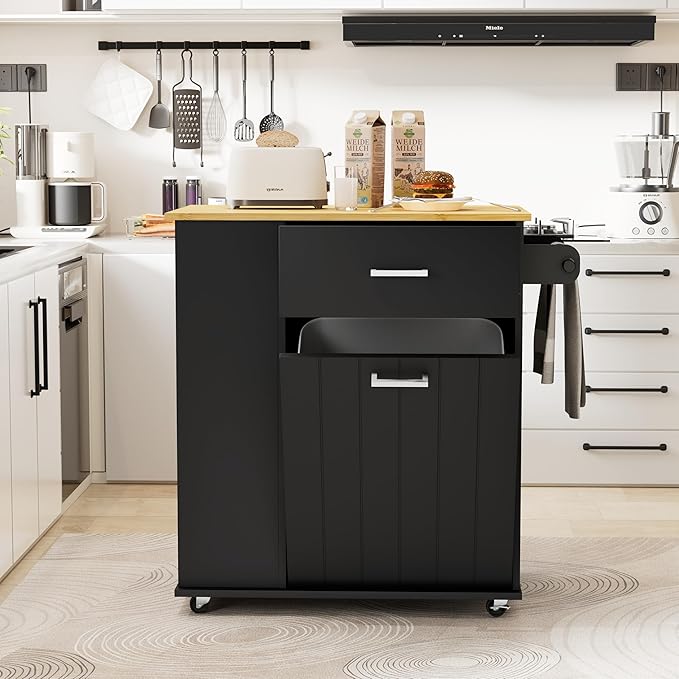 HQZX Rolling Kitchen Island with Trash Can Storage, Portable Kitchen Island on Wheels with Towel Rack & Spice Rack, Tilt Out Trash Can Cabinet with Drawer, Mobile Island Cart (Black)