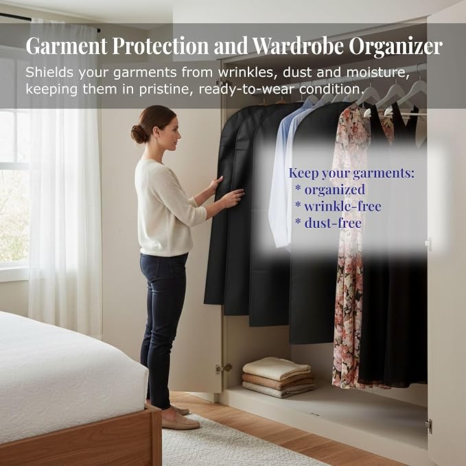 4-Pack Breathable Garment Bags for Hanging Clothes – Dust-Proof Suit & Dress Covers with Clear Window – Waterproof, Foldable Closet Storage Organizer for Coats, Gowns, and Jackets (Black, 55")