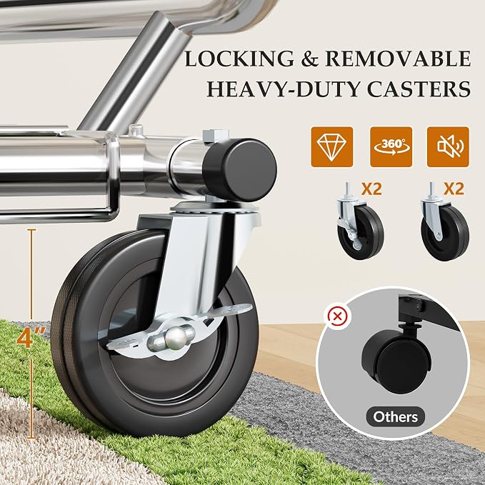 Gewudraw Clothes Rack Heavy Duty Load 900 Lbs With Wheels,Commercial,Chrome | Double Rod Rolling Clothing Rack, Adjustable | Portable | Collapsible, Hooks,Shelf,Garment Rack for Wardrobe,Bedroom,Silver