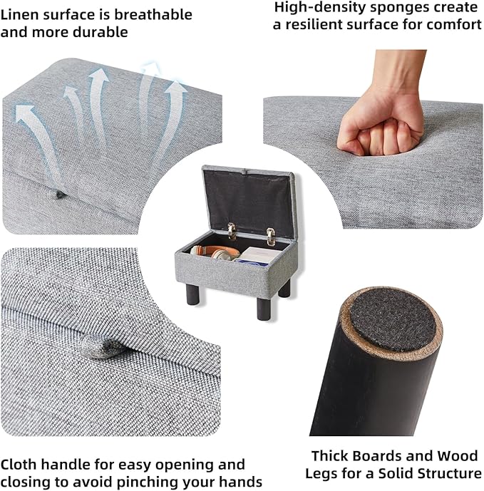 Aibiju Foot Rest for Couch, Foot Stool Ottoman with Wood Legs, Linen Upholstered Ottoman with Storage 16x12x9.5inch Flip Top Small Stool for Living Room Dorm Blue Gray YD-JD1362