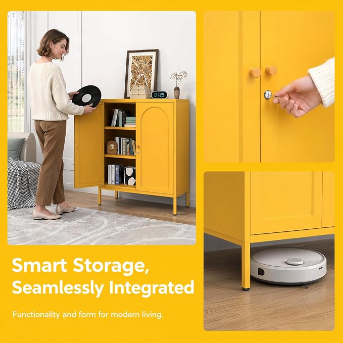 Yellow Lockable Metal Accent Storage Cabinet, 2 Door Freestanding Sideboard with Adjustable Shelves, Kitchen Organizer with Magnetic Doors for Dining Room Living Room Office