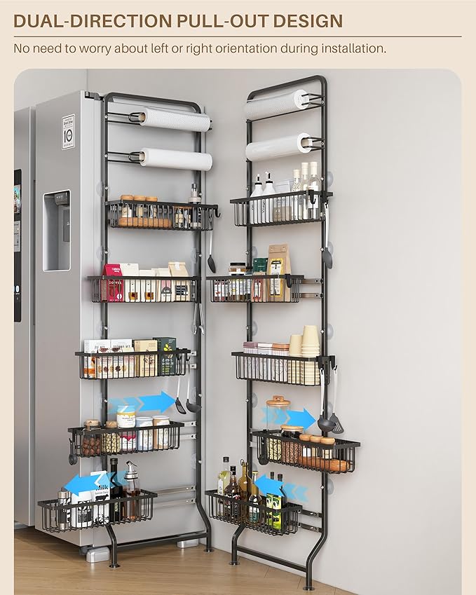 UMDONX 7-Tier Over The Door Storage Rack with Pull-Out Baskets and Sliding Shelves, Suitable for Kitchen, Bathroom, and Laundry Room, Black