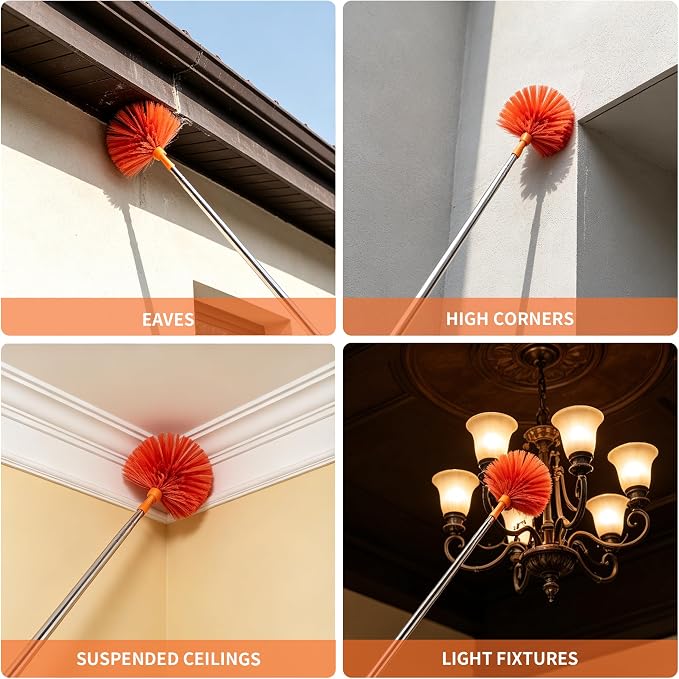 Cobweb Duster with Extension Pole, Upgraded Heavy Duty Thickened Stainless Steel Telescopic Handle for High Ceilings & Ceiling Fans, 90" Total Reach (15.7" Compact), Medium Stiff Bristles (Orange)
