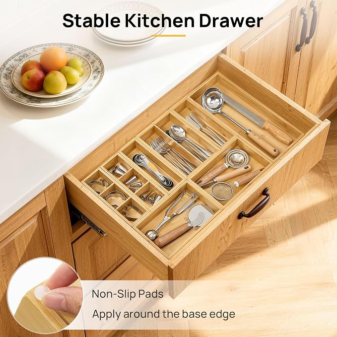 Vtopmart Bamboo Drawer Organizer Boxes - Set of 7 Multi-purpose Wooden Storage Dividers for Kitchen, Bathroom, Office, Desk, Makeup, Jewelry & More, Non-Slip Junk Drawer Organizer Trays for Storage
