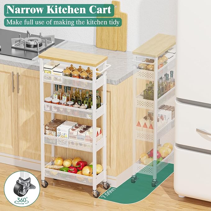 Giwil Slim Storage Cart 5 Tier Narrow Kitchen Rolling Cart on Wheels for Small Space, Metal Utility Cart Narrow Bathroom Storage Cabinet Mobile Shelf Unit Organizer with Wood Top and Handle, White