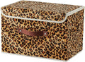 Storage Bin with Lid Decorative Cute Leopard Print Box Basket | Velvet Fabric, Faux Leather Handles, Washable PP Board, Foldable Lidded Clothes Container, Shelf Closet Organizer, Large Size