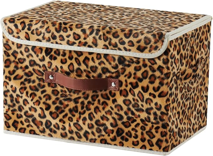 Storage Bin with Lid Decorative Cute Leopard Print Box Basket | Velvet Fabric, Faux Leather Handles, Washable PP Board, Foldable Lidded Clothes Container, Shelf Closet Organizer, Large Size