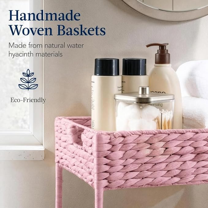 Best Choice Products 3-Tier Water Hyacinth Rolling Nursery Caddy w/Wheels, Utility Cart, Storage Organization for Bathroom, Craft Room, Laundry Room - Pink