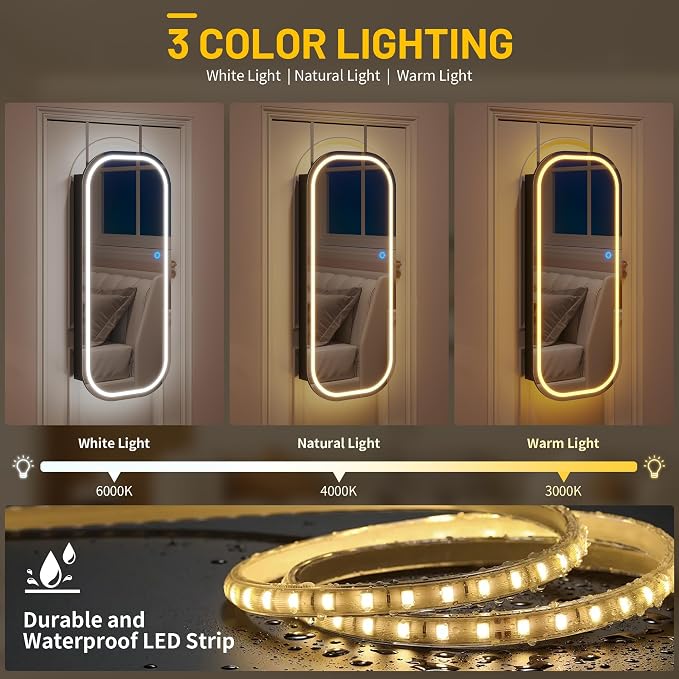 LVSOMT LED Mirror Jewelry Cabinet, Wall/Door Jewelry Organizer, 16" W Black | Lockable Jewelry Armoire with Full Length Mirror, 65 Ring and 108 Earring Slots, Foldable Shelf, Rounded Corner