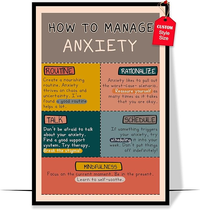 LOLUIS Mental Health Poster, Boho Therapy Tools Educational Supplies Art Print Classroom School Office Decor (How To Manage Anxiety, Custom Frame Type)