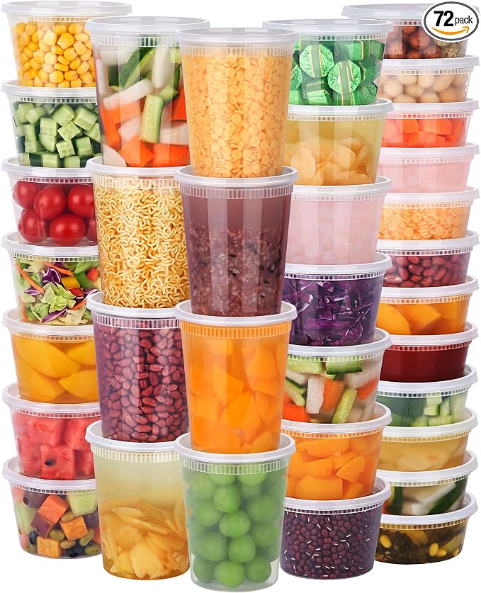 NESCCI 72 Sets (144-Piece) Deli Containers with Lids, 32/16/8 oz X 24 Set Each, Leak-Proof & BPA Free Airtight Takeout Plastic Food Storage Containers for Soup, Meal Prep,Microwave/Freezer Safe