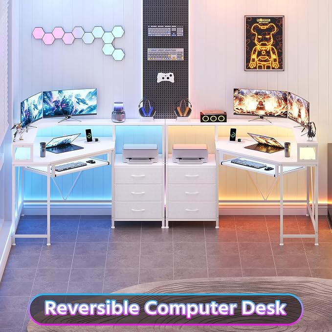 47" Corner Desk with Drawers, Power Outlets ＆ Printer Shelf for Small Space | Small Computer Desk with Monitor Stand, Triangle Gaming Desk with LED Lights and Keyboard Tray, White