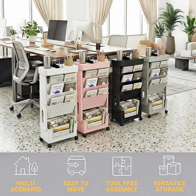 5-Tier Rolling Bookshelf Magazine Rack with Wheels Gray | Mobile Bookcase, Book Storage File Folder Organizer Cart for Home Study Office Living Room Classroom