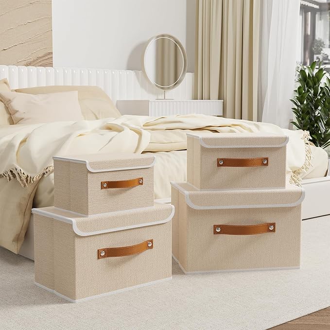 OUTBROS Storage Boxes, Collapsible Storage Bins with Lids, Cotton and linen cloth Storage Baskets with Handle, for Books, Closet, Beige, 3 Pack 10.2 x 7.9 x 6.7in