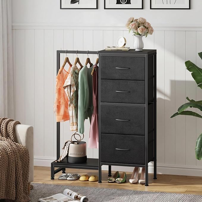 HIGDBFE Tall Dresser 44''H with Hanging Rack, 4 Drawers Small Closet Dresser for Bedroom, Reversible Fabric Chest of Drawers with Clothes Rack, Tall Storage Tower, Sturdy Frame, Black