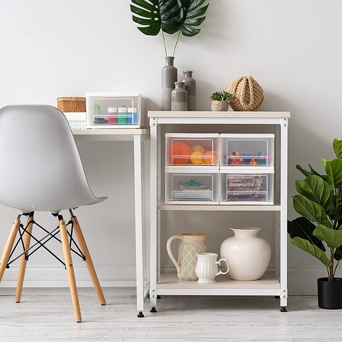 IRIS USA 7 Qt. Small Plastic Stacking Drawer, Stackable Storage Organizer Unit with Sliding Drawer for Bedroom Kitchen Under Sink Pantry Craft Room Dorm Office, White, 4-Pack