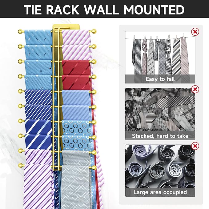 Tie Rack Wall Mounted, Tie Organizer for Men, Tie Rack Hanger for Closet Metal, Adhesive Tie Holder Organizer with 20 Hooks, Tie Storage for Wall Bedroom Living Room Dresser Room (Gold)
