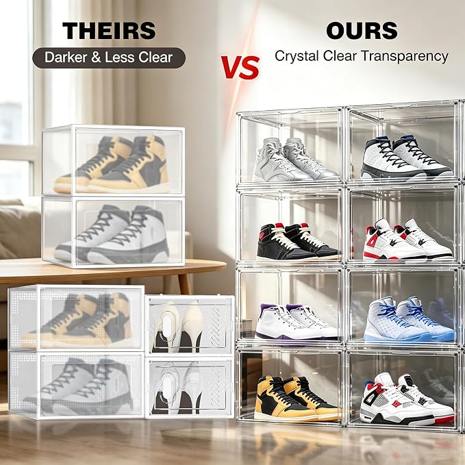 10 Pack Clear High-Top Sneaker Storage Box, Acrylic Shoe Organizer | Extra height 10.6'' for high-top sneakers & athletic footwear Size 11. Stackable display design keeps collections organized