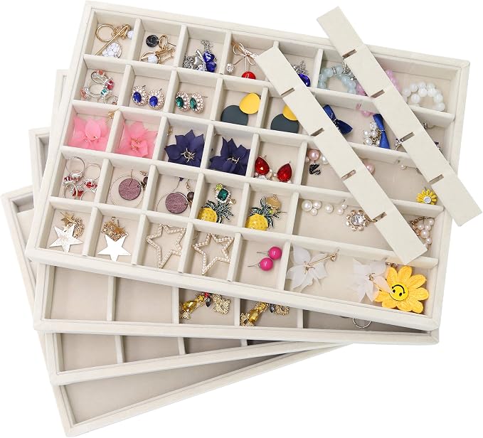 Stratalife 40 Grid Jewelry Organizer Tray, Stackable Drawer Earring Organizer with Adjustable Dividers, Jewelry Display Tray for Necklace Earring Ring Bracelet, 13.8" x 9.4" x 1.2", Beige