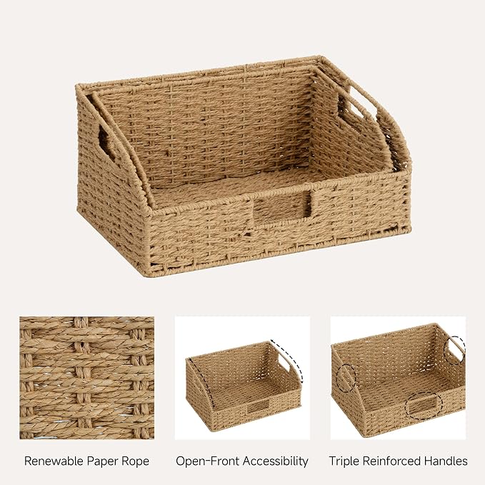 StorageWorks Pantry Baskets for Organizing, Paper Rope Storage Baskets for Shelves with Built-in Handles, Pantry Organizers and Storage, Natural, Set of 2 (Large and Medium)