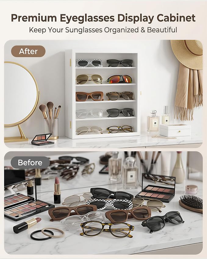 TJ.MOREE Sunglass Organizer Wall Mounted Glasses Holder Display Case 5 Tier | 13 x 15 inches Wooden Storage Box for Multiple Pairs Eyeglasses Sports Sunglasses