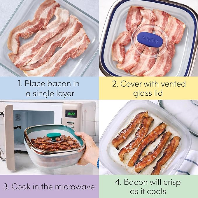 Anyday 10-Cup Square Glass Food Storage with Glass Lid | Plastic-Free Meal Prep & Microwave Cookware | Stackable Airtight Storage Container with Vented Lid for Microwave-Safe Reheating