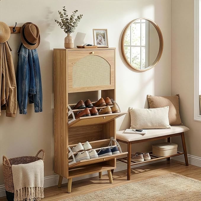 Karl home Natural Wood Rattan Shoe Cabinet, Entryway Storage Organizer | Hidden Shoe Rack with 3 Tilt-Out Compartments for Heels, Slippers and Casual Shoes, Space Saving Entryway Furniture
