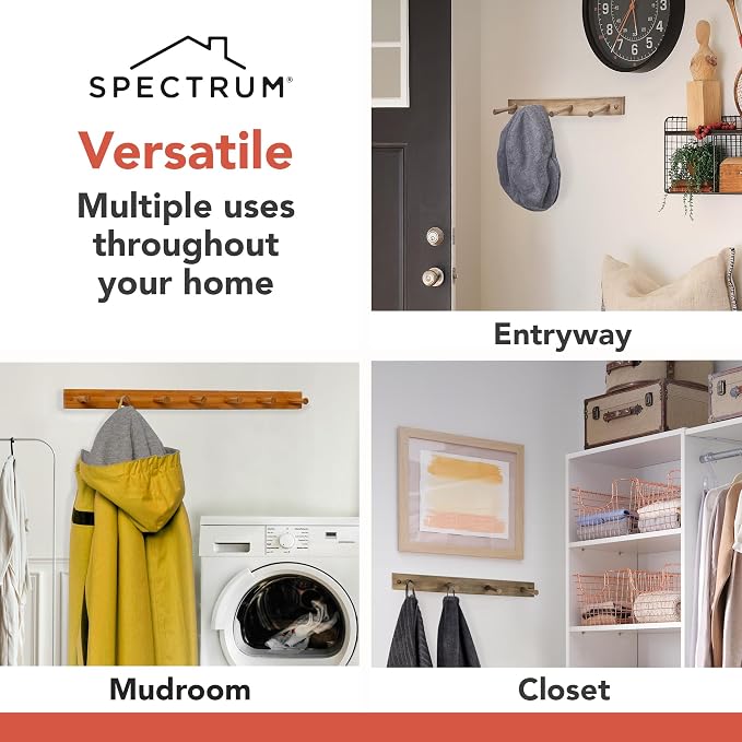 Spectrum 7 Peg Wall Mount Peg Rack Wooden Storage Organizer for Coats Hats Purses Towels, Includes Mounting Hardware and Decorative Plugs, Tie Rack Hanger Belt Holder Closet Accessory, Bamboo Color
