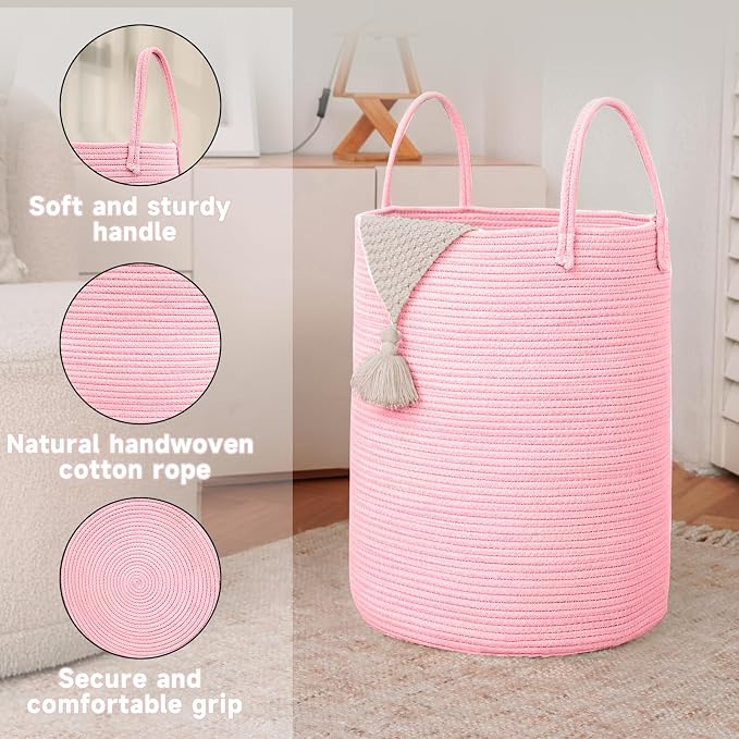 JMvicyroam Large Woven Laundry Basket Hamper,100L Cotton Rope Storage Bin for Blankets,Toys and Clothes,Decorative Tall Nursery Hamper for Living Room,Baby Nursery,Bathroom and Bedroom,Pink