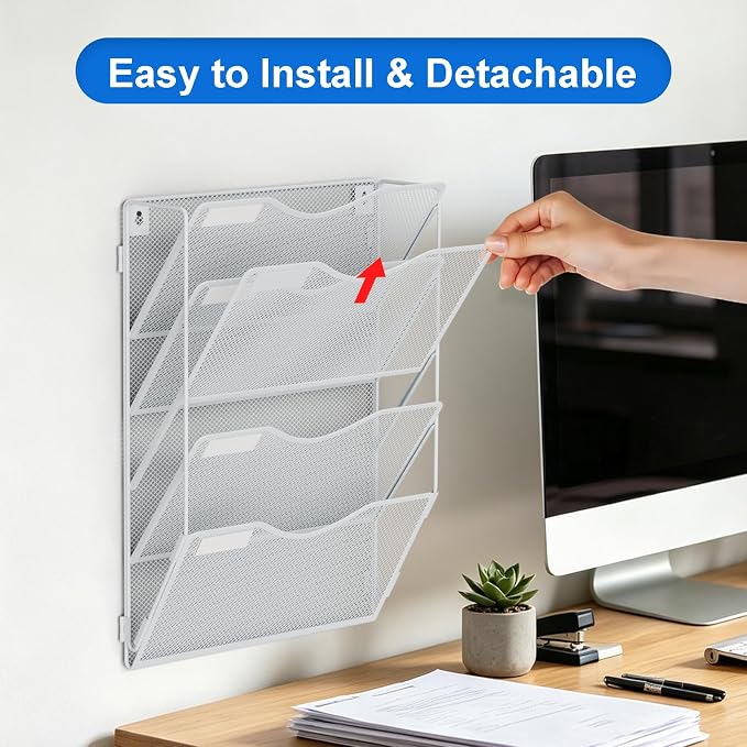 BOHDK Wall File Organizer, Hanging File Folder Organizer, Vertical Mesh Metal Door/Wall Mount Hanging File Holder. Paper Document Magazine Rack with Hooks for Home Office Black (5 Pockets White)